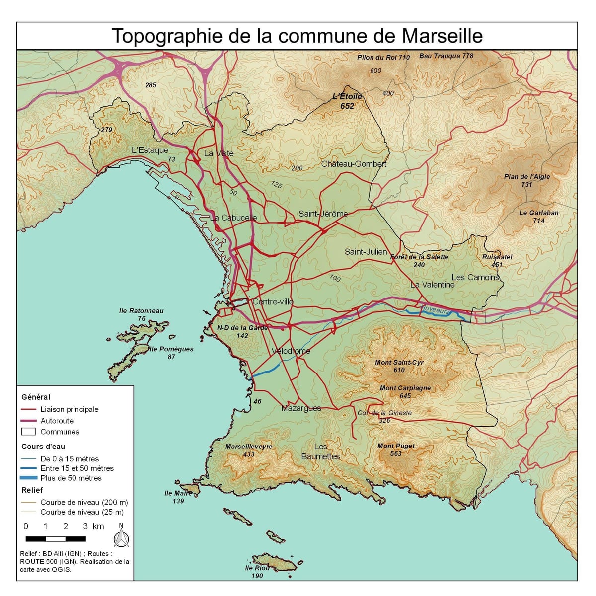 el mapa topográfico de Marsella
